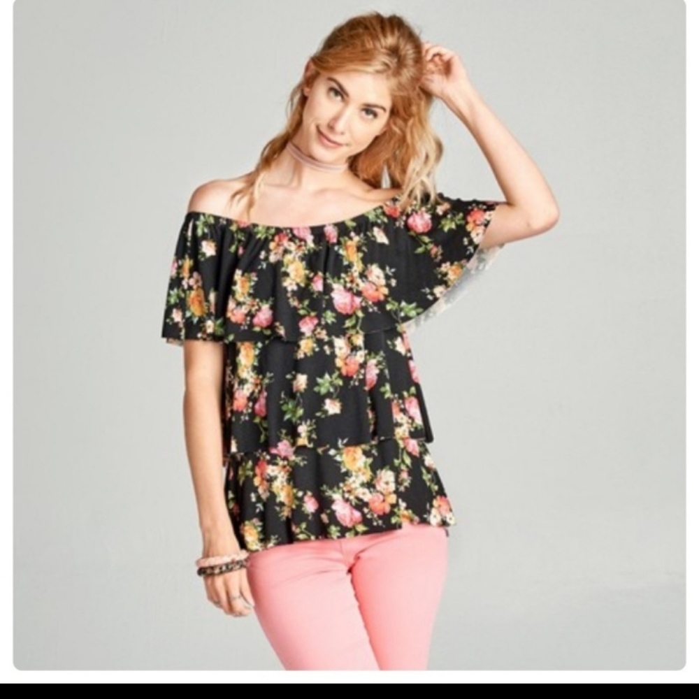 ODDY Floral Black Offshoulder Top New - Picture 7 of 7